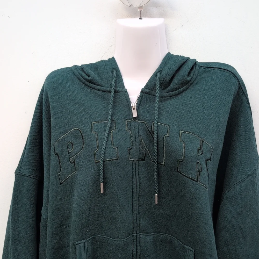 Victoria Secret PINK Campus Fleece Full Zip Hoodie XL Deep Forest - Picture 2 of 9